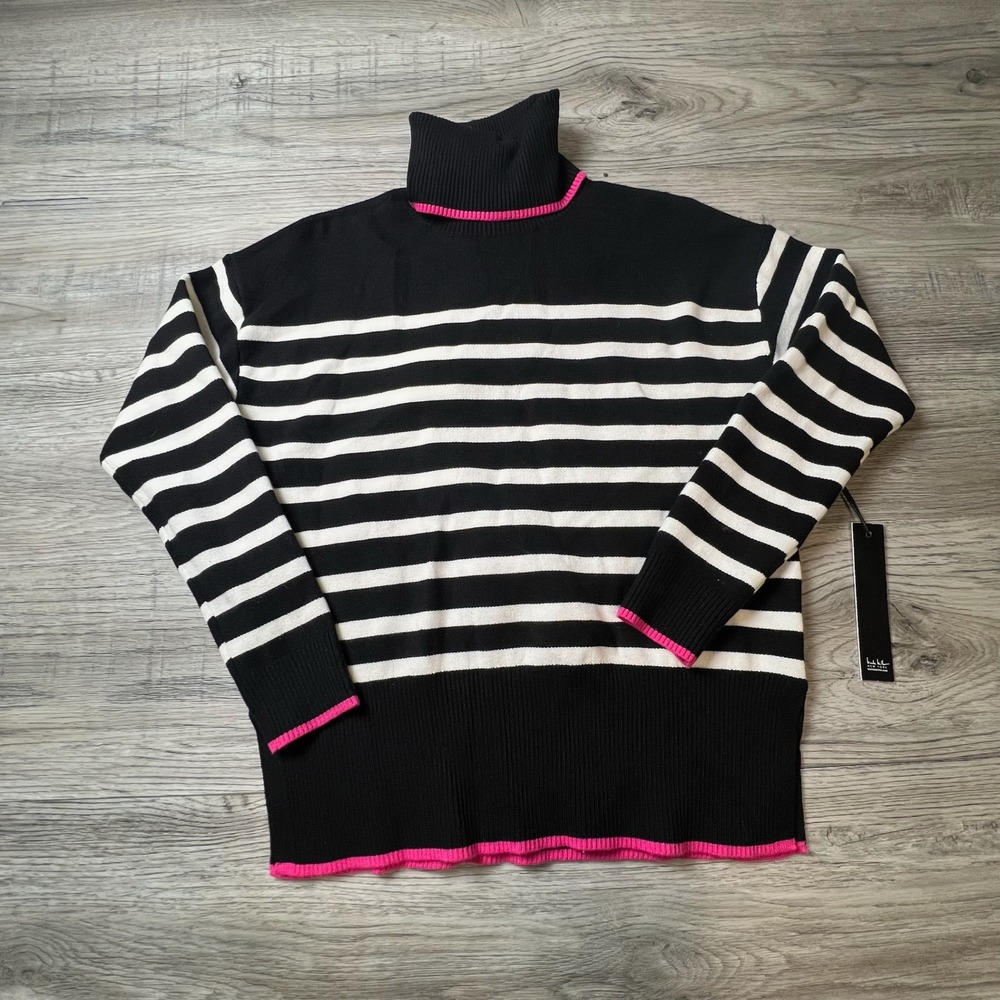 Nicole Miller Turtleneck Sweater Womens XS Black White Striped Pink Trim NWT